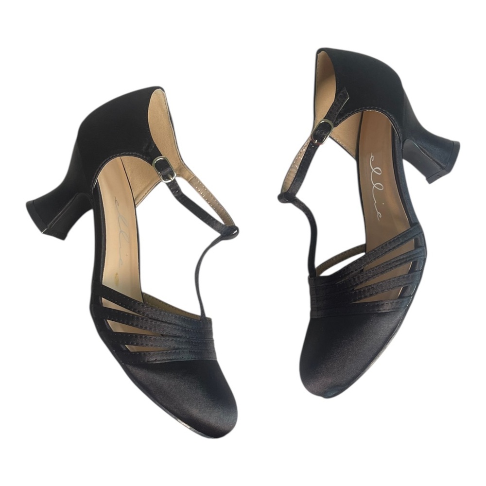 Ellie Shoes Women's Lucille Strap Dress Pump in Black Satin Size 8